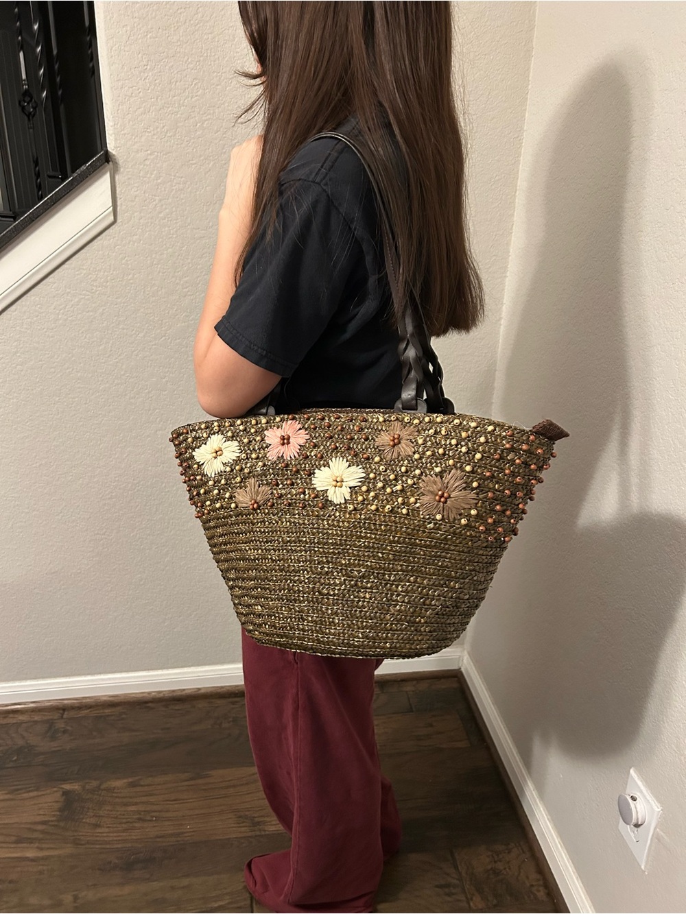 Source Unknown Brown Straw Tote with Floral Accents - Picture 11 of 12